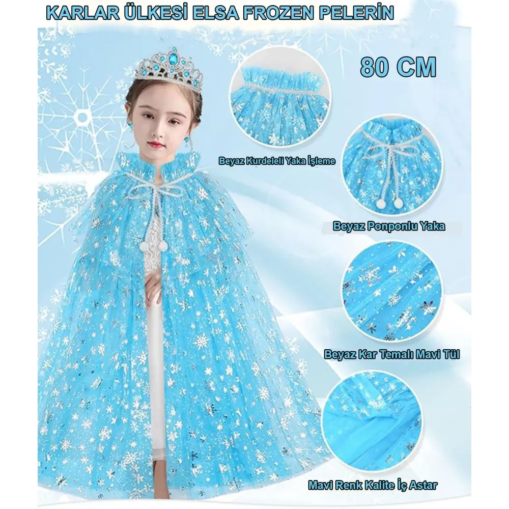 Karlar Ülkesi Elsa Frozen Mavi Pelerin – 80 Cm Kar Desenli Çocuk Pelerini ( Taç Hariç )