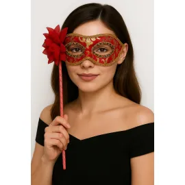 Lüks Taşlı Saplı Maskeli Balo Maskesi Kırmızı Renk 35 Cm