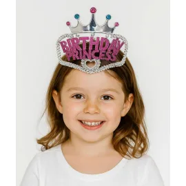 Gümüş Renk Taç Üzeri Pembe Birthday Prenses Yazılı Çocuk Parti Tacı 11X12 cm