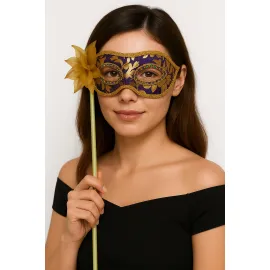 Lüks Taşlı Saplı Maskeli Balo Maskesi Mor Renk 35 cm
