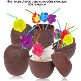 Hindistan Cevizi Hawaii Luau Aloha Pipetli İçecek Kabı Bardak 10X13 Cm 1 Adet