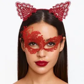 Gizemli Kırmızı Dantel Maske Ve Taç Seti 1 No - Kostüm Seti