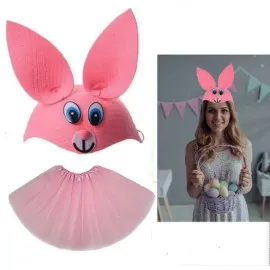 Tavşan Kostümü Pembe - 23 Nisan Tavşan Şapka Ve Tütü Etek Seti 2 Parça