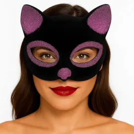 Siyah Renk Pembe Simli Süet Kaplama Kedi Maskesi 18x14 cm