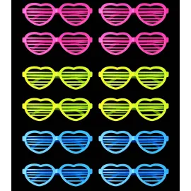 Retro Neon Fosforlu Kalp Panjur Gözlük 12 Adet – 80’Ler 90’Lar Parti Stili