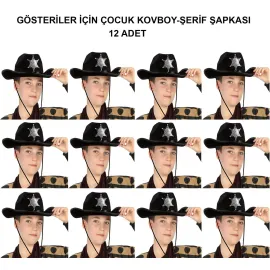 Kovboy Şerif Şapkası Siyah 12 Adet - Kostüm, Parti ve Gösteri Şapkası
