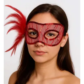 Kırmızı Renk Yandan Tüylü Pul Payet İşlemeli Parti Maskesi 23X12 Cm