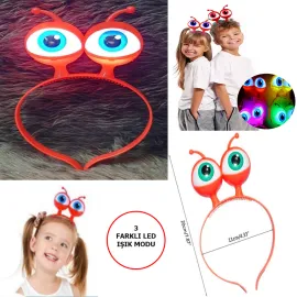 Led Işıklı & Pilli 3 Farklı Modda Yanan Uzaylı Göz Parti Tacı Kırmızı Renk 18X12 Cm