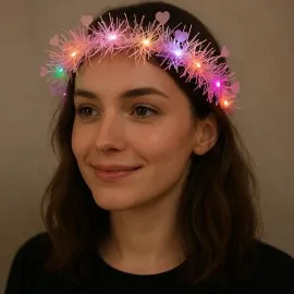 Kalp Püsküllü Gece Parıltısı 3 Modlu Led'li Işıklı Taç Pembe Renk