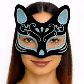 Siyah Renk Süet Kaplama Üzeri Gümüş Mavi Simli Kedi Maskesi 17X14 Cm