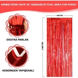 Kırmızı Renk Ekstra Metalize Parlak Saçaklı Arka Fon Perde İthal A Kalite 1X2 Metre