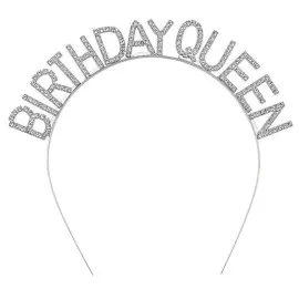 Gümüş Renk Kristal Taşlı Parlak Birthday Queen Yazılı Kraliçe Taç 16X17 Cm