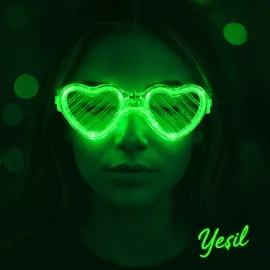 Yeşil Led Işıklı Kalp Gözlük – 3 Modlu Parti & Glow Gözlüğü