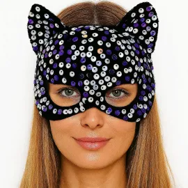 Siyah Kadife Kumaş Üzerine Mor Beyaz Payetli Pullu Parti Maskesi 16X14 Cm