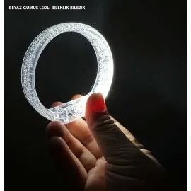 Beyaz-Gümüş Led Işıklı Baskı Yapılabilen Pilli Bileklik Bilezik 1,5 Cm Genişlik