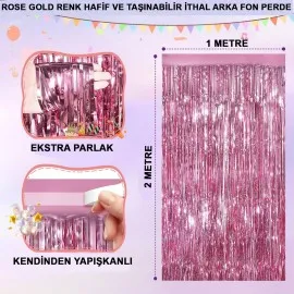 Rose Gold Renk Ekstra Metalize Parlak Saçaklı Arka Fon Perde İthal A Kalite 1X2 Metre