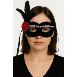 Siyah Renk Süet Kaplama Gümüş Dantelli Kırmızı Gül Tasarımlı Parti Maskesi 18x20 cm
