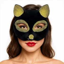 Siyah Renk Gold Simli Süet Kaplama Kedi Maskesi 18x14 cm