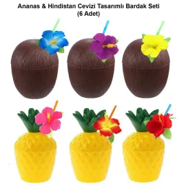 Ananas & Hindistan Cevizi Tasarımlı Pipetli Bardak Seti (6 Adet)
