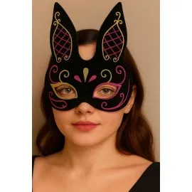 Siyah Renk Kırmızı Gold Simli Siyah Süet Kaplama Tavşan Maskesi 18X16 Cm