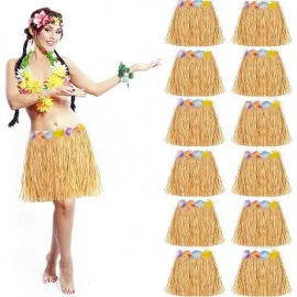 Yetişkin Ve Çocuk Uyumlu Saman Renk Hawaii Luau Hula Etek 40 Cm 12 Adet