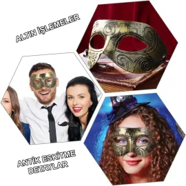 Altın Eskitme Yüz Maskesi - Antik Tarz Balo Maskesi 