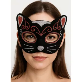 Kadife Dokulu Sim Detaylı Işıltılı Kedi Maskesi Kırmızı Gümüş 20x13 cm