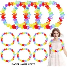 Hawaii Çiçekli Boyun Kolyesi - Renkli Tropikal Parti Leisi 12 Adet