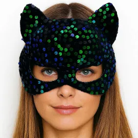 Siyah Kadife Kumaş Üzerine Mavi Yeşil Payetli Pullu Parti Maskesi 16X14 Cm