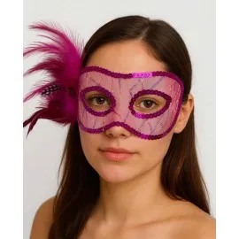 Fuşya Renk Yandan Tüylü Pul Payet İşlemeli Parti Maskesi 23X12 Cm