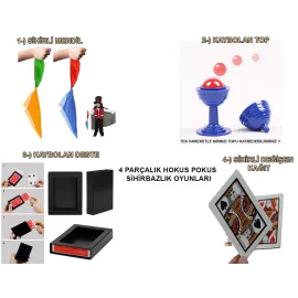 4&#39;lü Sihirbazlık Seti – Hokus Pokus Sihirli Numara Seti-KUPA-MENDİL-DESTE-İSKAMBİL