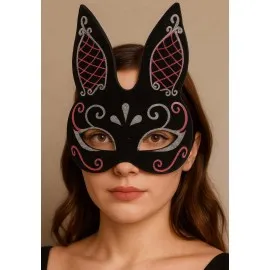 Siyah Renk Kırmızı Beyaz Simli Siyah Süet Kaplama Tavşan Maskesi 18X16 Cm