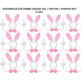Pembe Tavşan Kostüm Seti – Taç, Papyon, Ponpon (12’Li Paket)