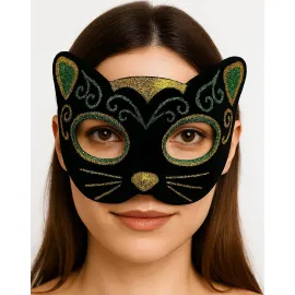 Siyah Kadife Kaplama Üzeri Sarı Yeşil Sim İşlemeli Kedi Maskesi 20X13 Cm