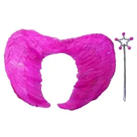 Gerçek Tüylü Katlanabilir Çocuk Pembe Melek Kanadı Ve Asa Seti 40X55 Cm
