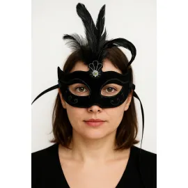 Siyah Renk Tüylü Siyah Süet Kaplama Parti Balo Maskesi 20X16 Cm