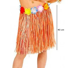 Yetişkin Ve Çocuk Uyumlu Turuncu Renk Püsküllü Hawaii Luau Hula Etek 40 Cm