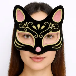 Siyah Renk Süet Kaplama Üzeri Pembe Sarı Simli Kedi Maskesi 17X14 Cm