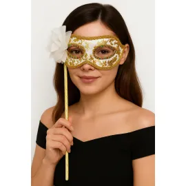 Lüks Taşlı Saplı Maskeli Balo Maskesi Beyaz Renk 35 Cm