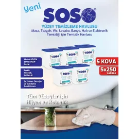 5 adet X 250 Yaprak - Soso Kova Beyaz Sabun Kokulu Sirkeli Karbonatlı Yüzey Temizleme Mendili