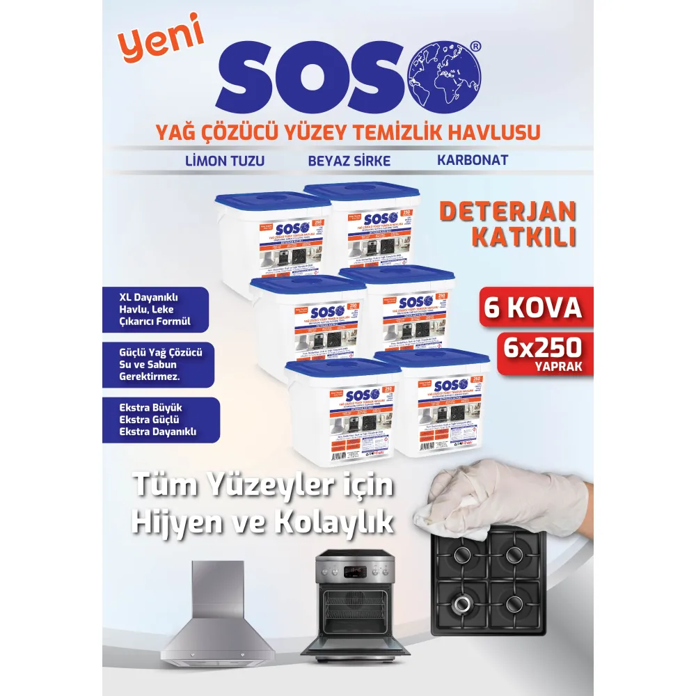 6 adet X 250 Yaprak - Soso Özel Formüllü Kova Yağ Çözücü Yüzey Temizleme Mendili