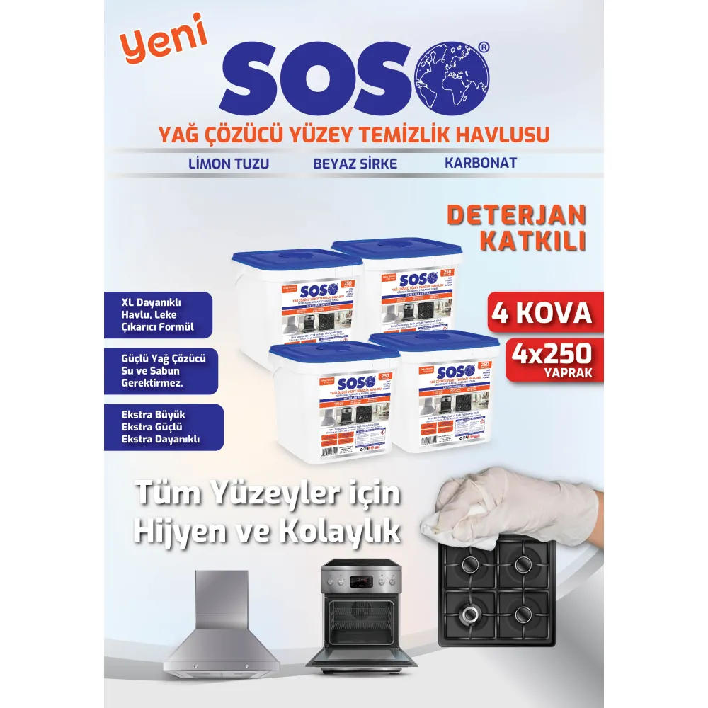 4 adet X 250 Yaprak - Soso Özel Formüllü Kova Yağ Çözücü Yüzey Temizleme Mendili