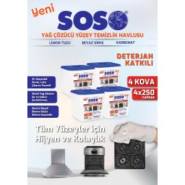 4 adet X 250 Yaprak - Soso Özel Formüllü Kova Yağ Çözücü Yüzey Temizleme Mendili