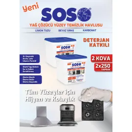 2 adet X 250 Yaprak - Soso Özel Formüllü Kova Yağ Çözücü Yüzey Temizleme Mendili