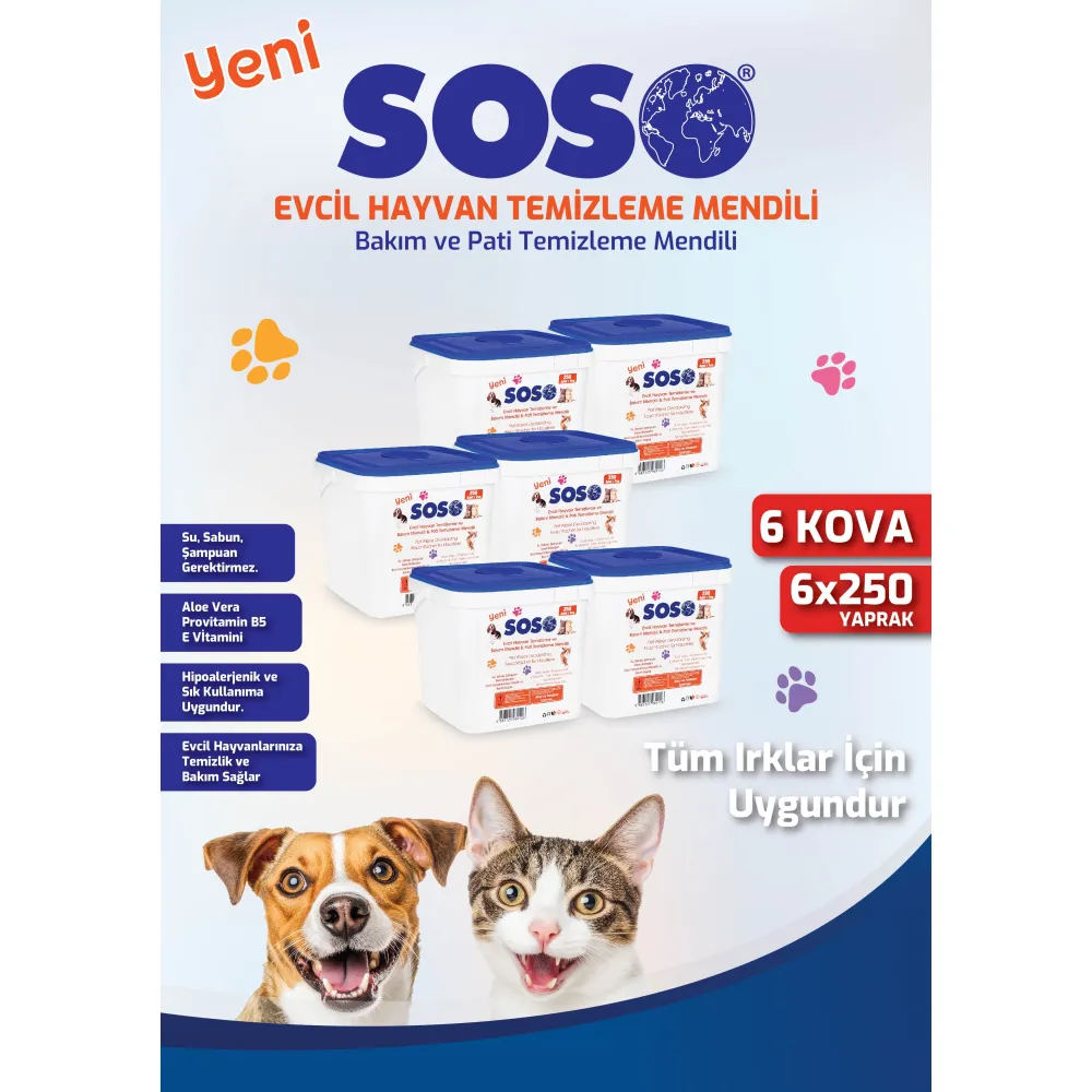 6 adet X 250 Yaprak - Soso Kova Evcil Hayvan Kedi Köpek Pati ve Vücut Temizleme Mendili