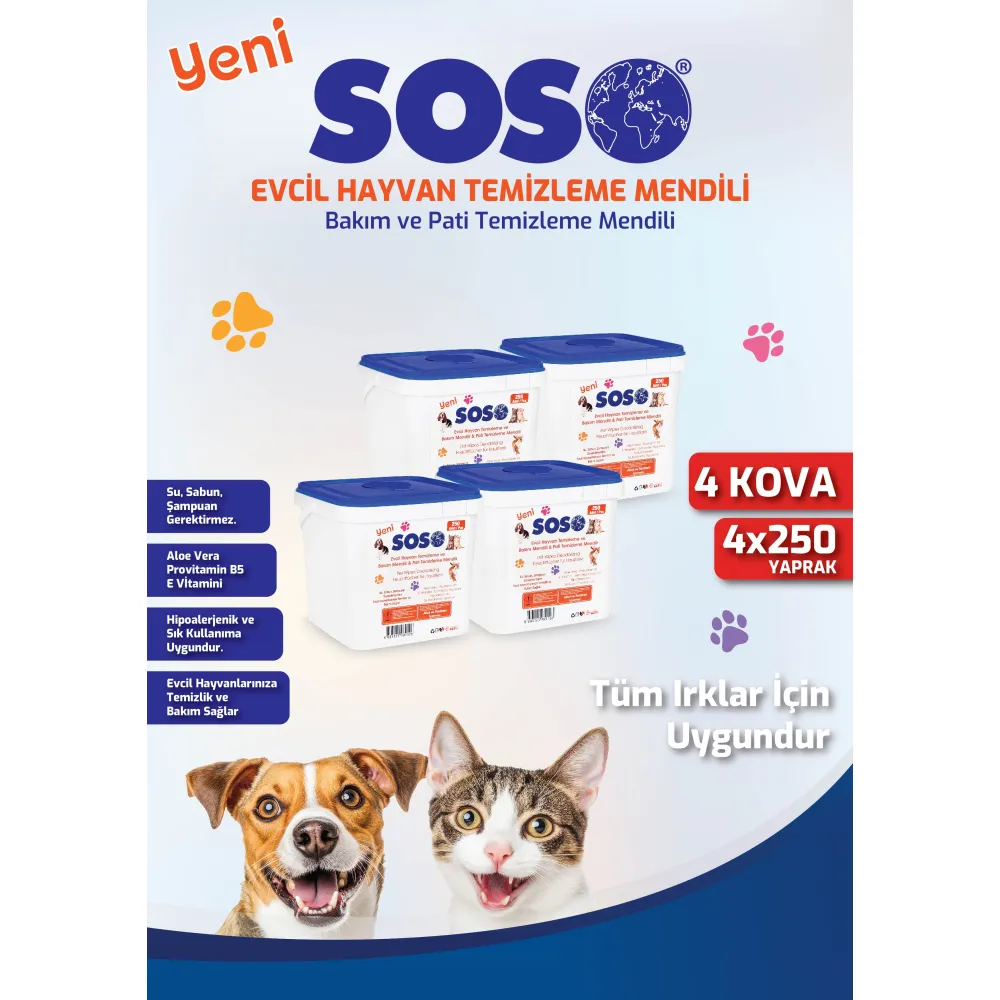 4 adet X 250 Yaprak - Soso Kova Evcil Hayvan Kedi Köpek Pati ve Vücut Temizleme Mendili