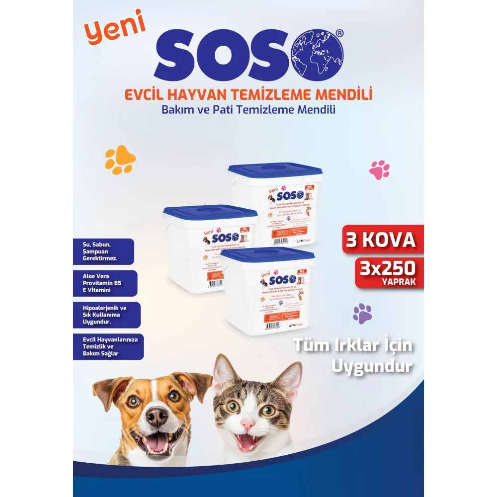 3 adet X 250 Yaprak - Soso Kova Evcil Hayvan Kedi Köpek Pati ve Vücut Temizleme Mendili