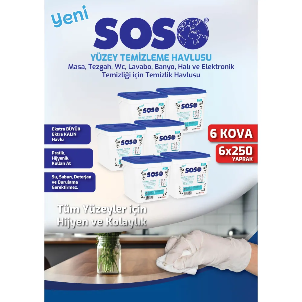 6 adet X 250 Yaprak - Soso Kova Beyaz Sabun Kokulu Sirkeli Karbonatlı Yüzey Temizleme Mendili