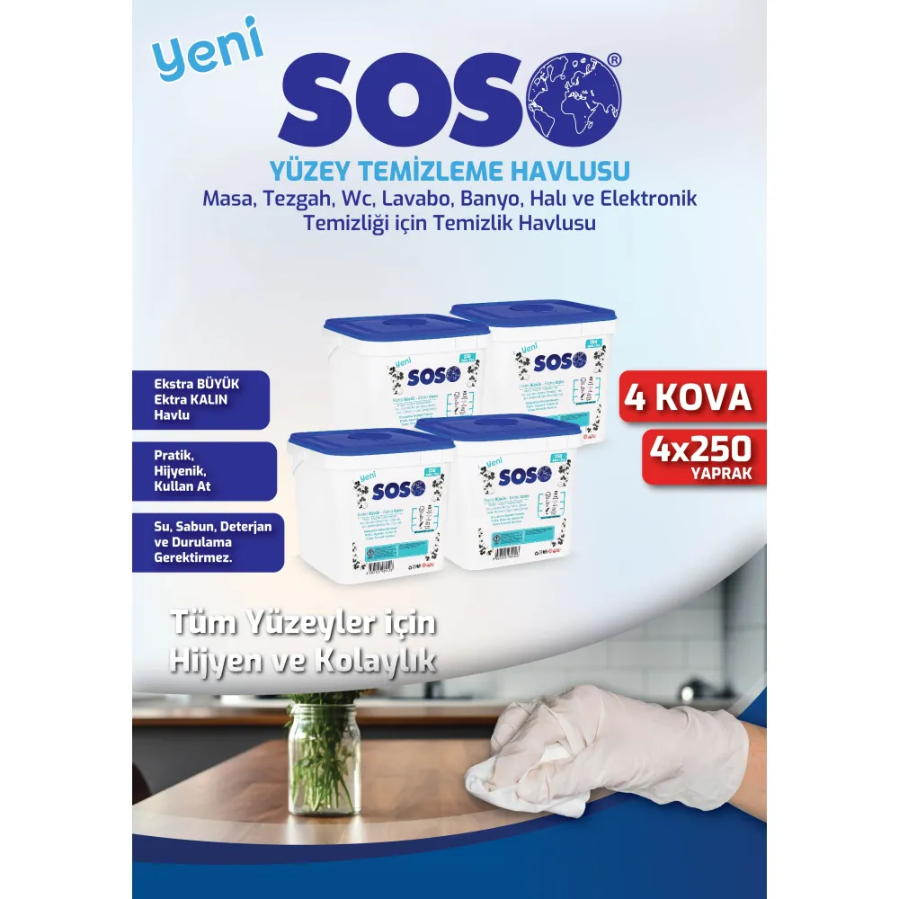 4 adet X 250 Yaprak - Soso Kova Beyaz Sabun Kokulu Sirkeli Karbonatlı Yüzey Temizleme Mendili