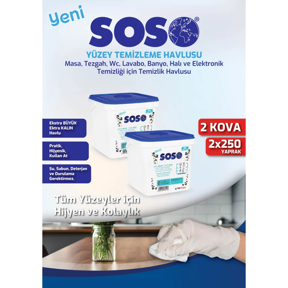 2 adet X 250 Yaprak - Soso Kova Beyaz Sabun Kokulu Sirkeli Karbonatlı Yüzey Temizleme Mendili